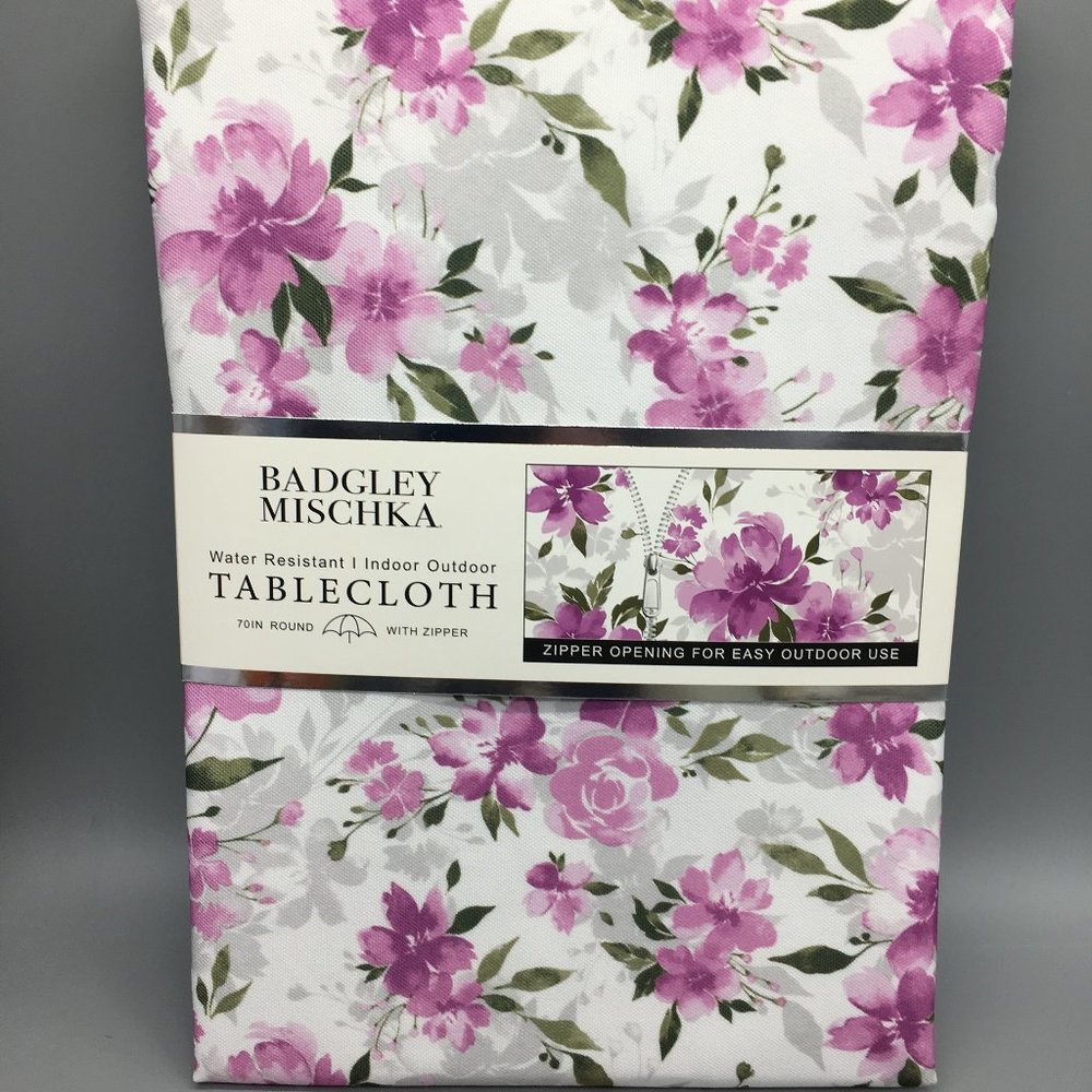 Badgley Mischka Floral Outdoor Tablecloth 70" Round Zipper Lilac Orchid Purple